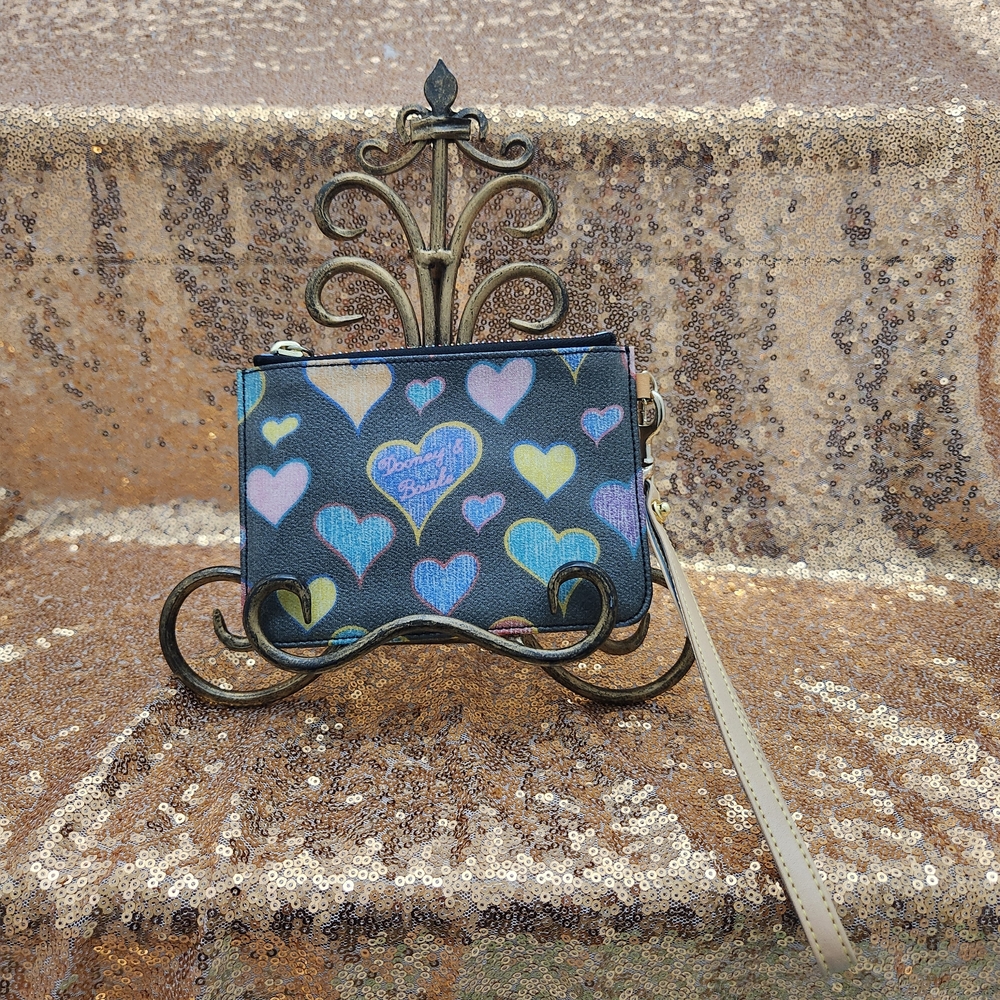 Dooney & Bourke Vintage Black Allover Multicolored Hearts Wristlet